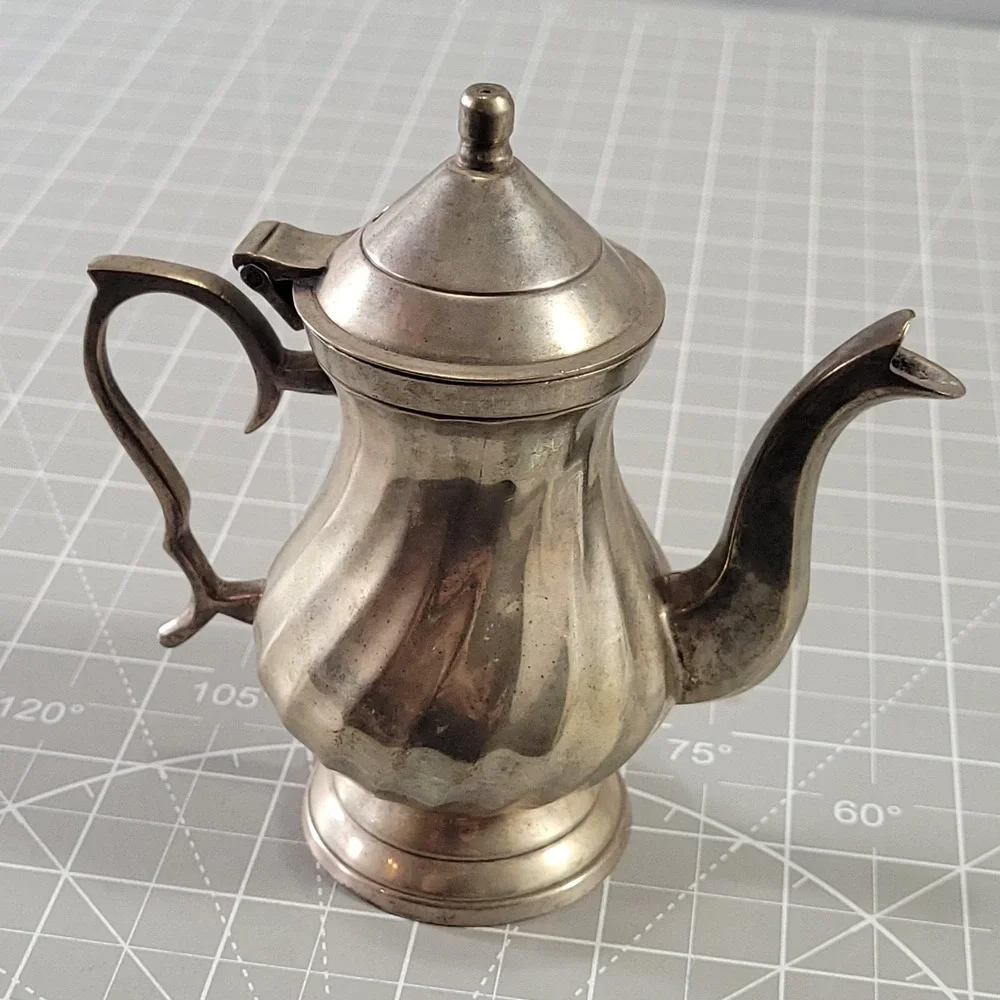 Mini Silver Brass Metal Teapot Coffee Pot Hinged Lid Victorian Style India Decor